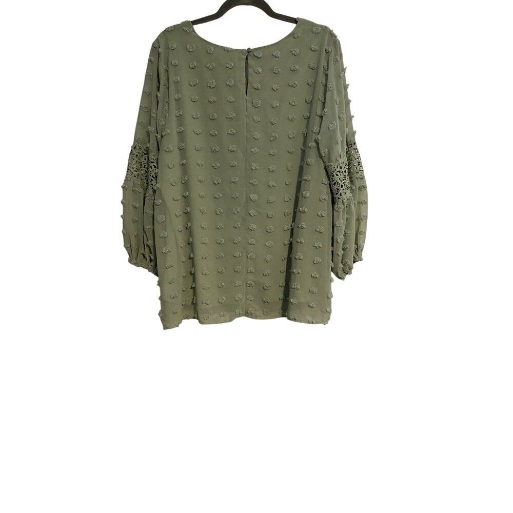 Cato Top Women 14/16W Green Textured Polka Dot Blouse Crochet Sleeves Lined Boho - Picture 2 of 16